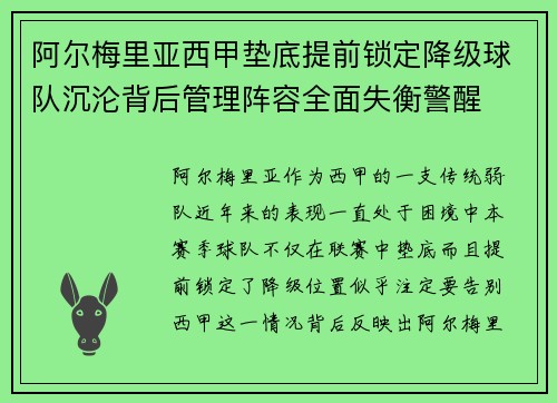 阿尔梅里亚西甲垫底提前锁定降级球队沉沦背后管理阵容全面失衡警醒 阿尔梅里亚西甲垫底提前锁定降级球队沉沦背后管理阵容全面失衡警醒
