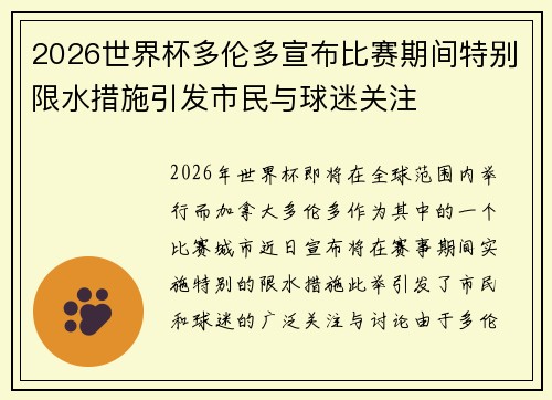2026世界杯多伦多宣布比赛期间特别限水措施引发市民与球迷关注